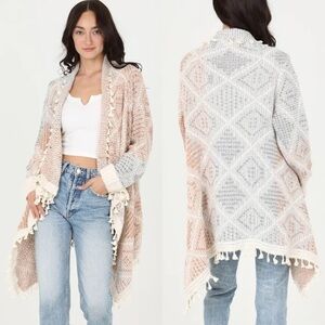 Vici Pink Southwestern Tassel Open Front Draped Wool Blend Cozy Cardigan